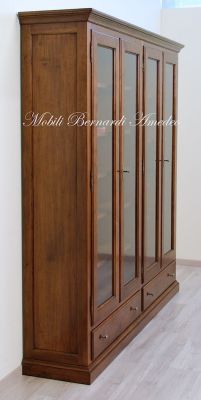 Libreria stile classico smontabile con 4 ante e 2 cassetti costruita artigianalmente in legno massello di noce